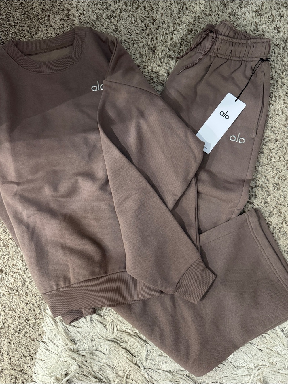 ALO Yoga Taupe Brown Track Pants & Sweatshirt Set
